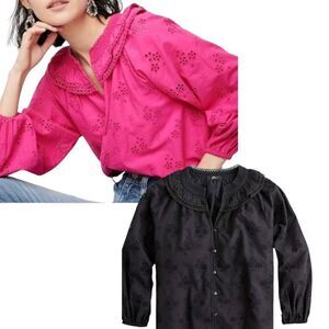Jcrew not Factory Black cotton  Button-front black eyelet peasant Lined Blouse S